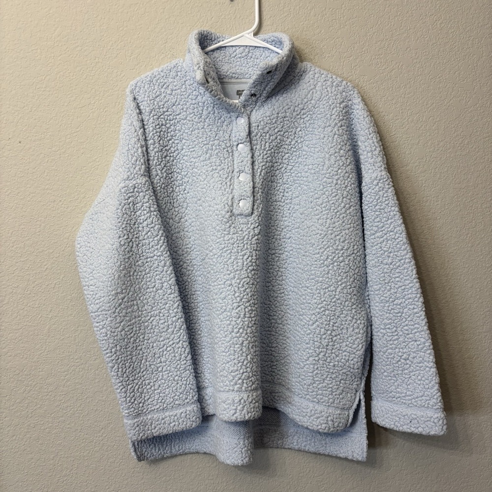 Aerie Oversized 1/4 Button Sherpa Fleece Pullover Sweater Women's Size M Blue